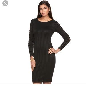 Black Sheath Style Ribbed Lace Up Sleeve Dress